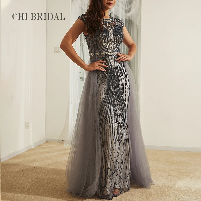 

Элегантное Вечернее Платье с круглым вырезом, ажурная юбка из двух частей, Сетчатое длинное платье ручной работы со шлейфом и бусинами