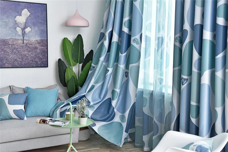 Blue Cobblestone Printed Curtains Shading Fabrics for Living Room Modern Yellow Blackout Curtains Water Ripple Curtain WP419#20