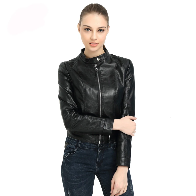 New Women Faux Leather Jacket Biker Coat Spring Autumn Black Zippers Outwear O Neck Slim Motorcycle Pu Jackets | Женская одежда