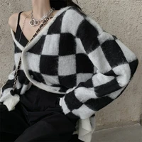 vintage plaid cardigans women goth sweater oversized v neck long sleeve single breast pull 2022 spring autumn knitted y2k tops