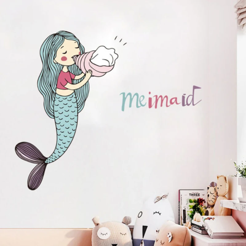 

Cartoon mermaid blowing conch Wall Sticker for baby girl's room bedroom decorations wallpaper Mural nursery mermaid stickers