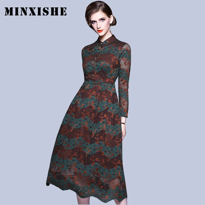Осеннее женское платье Новое Кружевное с длинным рукавом тонкое размера плюс