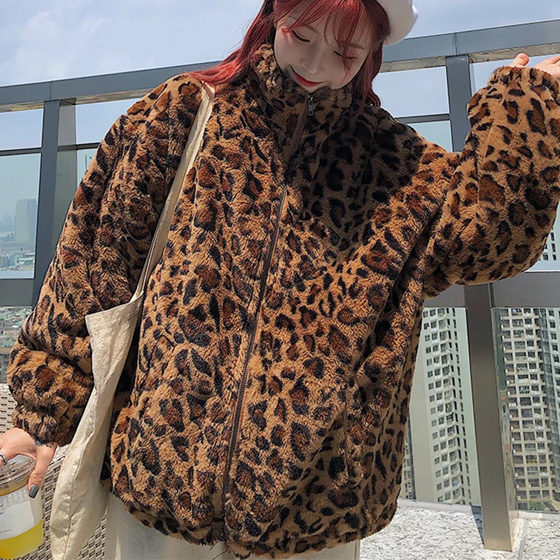

Brown Vintage Flannel Sexy Leopard Zip Up Sweatshirt Women Winter Coat Stand Collar Loose Oversized New Fashion Girls Plus Size