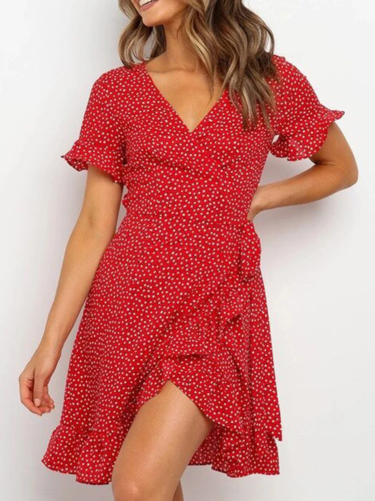 

Bohemian Female Clothing Summer V-Neck Red Sexy Floral Dress Short Sleeve Flounced edge Polka Dot Dress Party Mini Dresses