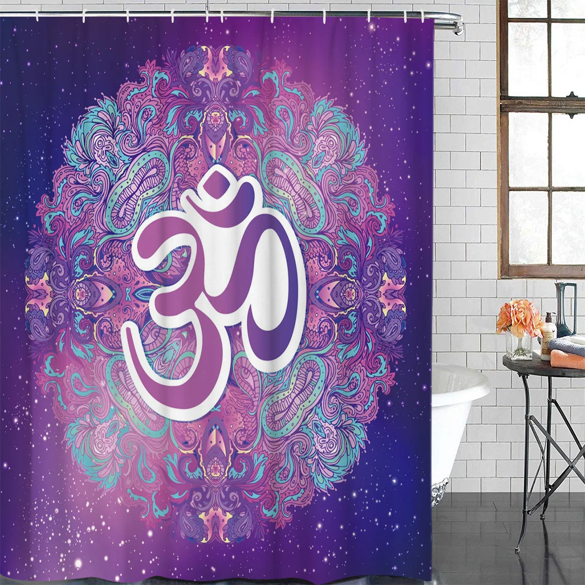 Индийская неоновая душевая занавеска с фиолетовым узором Ohm Symbol Diwali Mandala s