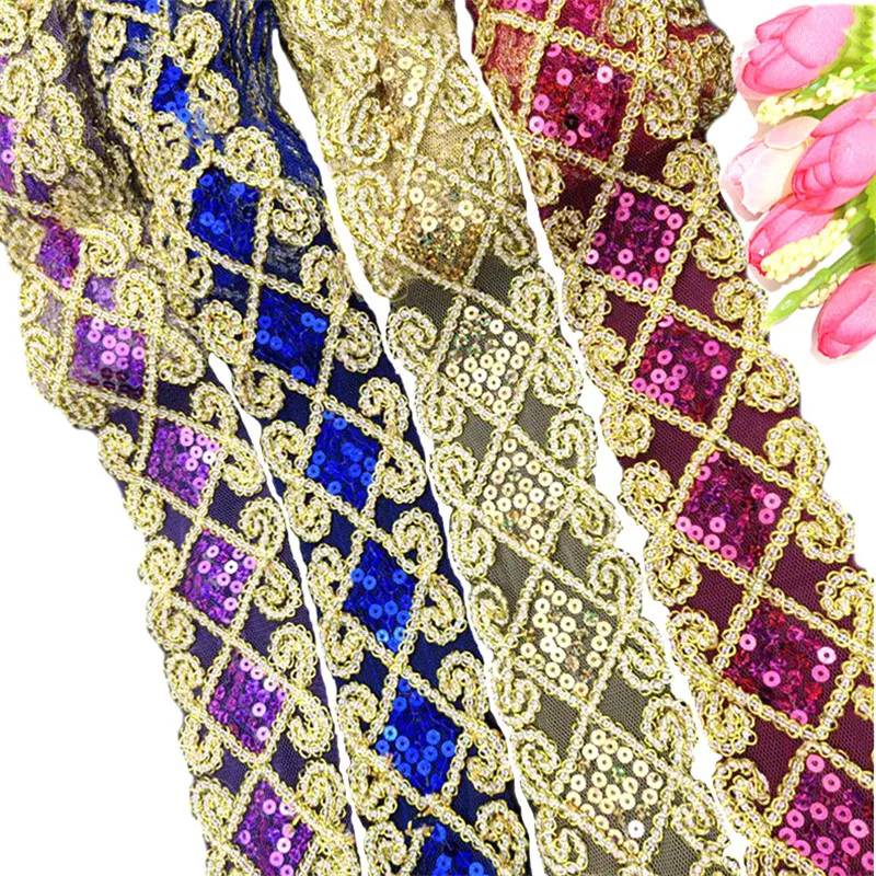 Оптовая продажа 15 ярдов/партия золотые блестки кружевная лента Женский текстиль
