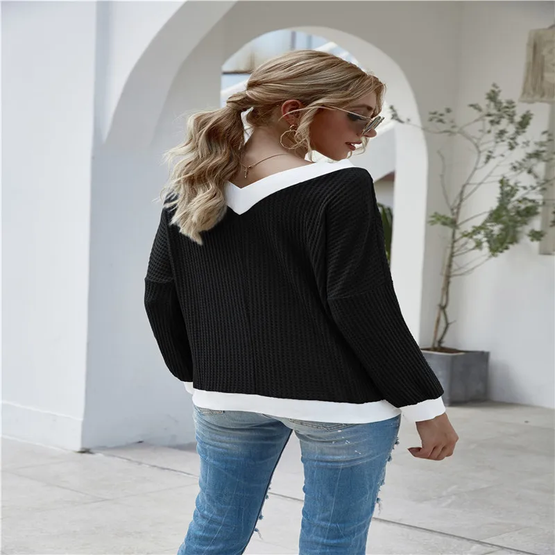 

Fashion Hot Sales 2020 Autumn Spring Women Tops Plus Sizes V neck and long sleeve collage knitted Loose long-sleeved shirt