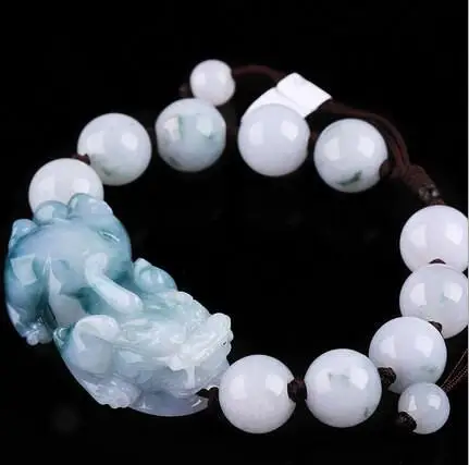 

Pixiu round jade bead bracelet men's women's bijoux femme natural Burmese jade A goods floating blue flower factory direct sales