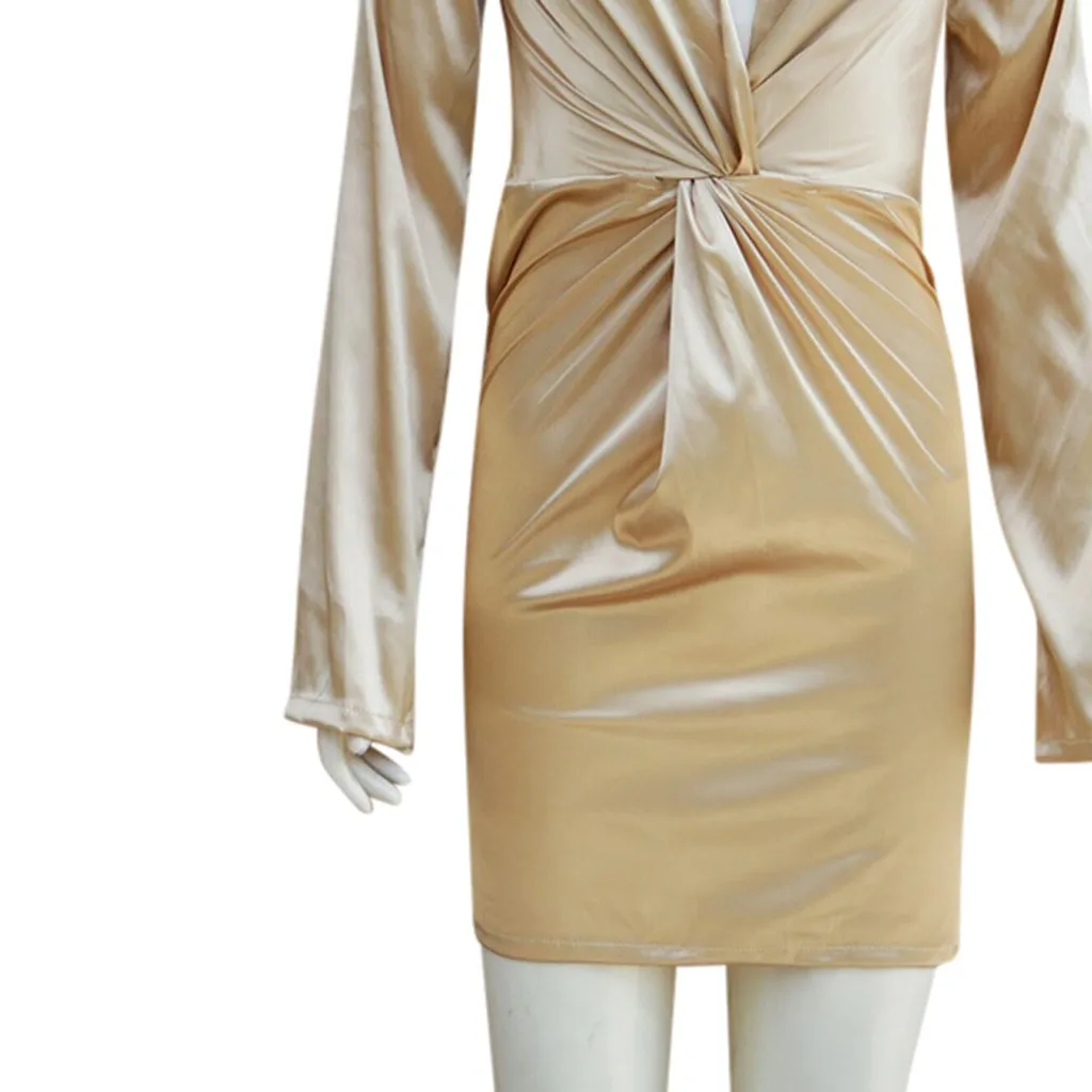 

Sexy Dress Women Long Sleeve Deep V Neck Satin Party Dress Autumn Ruched Club Mini Bodycon Dress Elegant Ladies Dresses Vestido