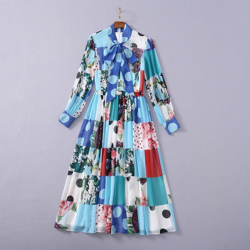 

2021 Christmas Dress Blue Empire Crewv Neck Flowers Long Sleeve Long Dres