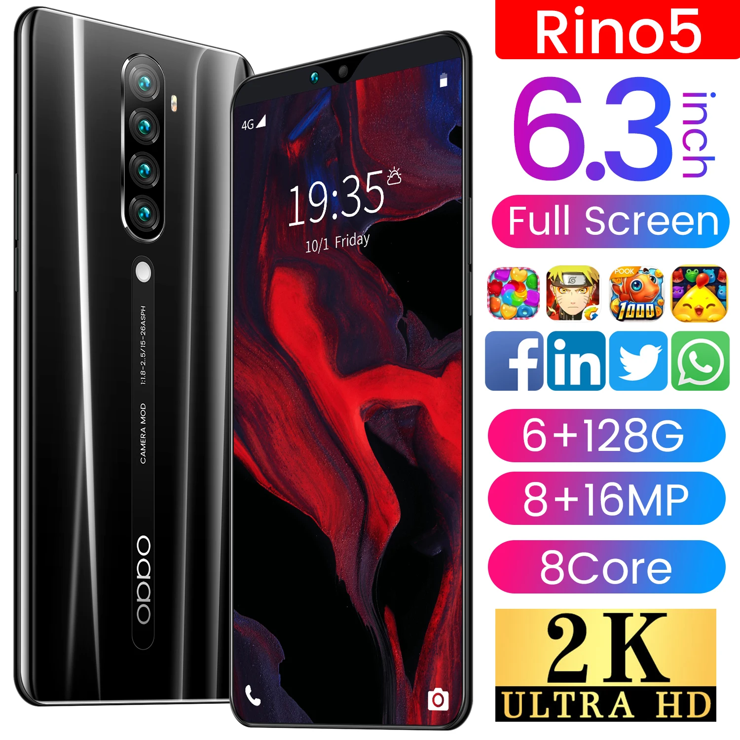 Смартфон глобальная версия Rino5 6 3 дюйма + 128 ГБ две SIM карты 8 16 Мп 4800 мА · ч ядер Android