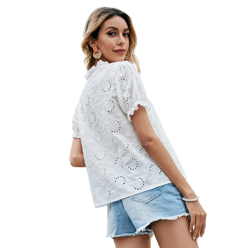 

Women Summer Casual T-shirt Puff Short Sleeve Hollow Out V-neck Tees Shirts Tops Pullover