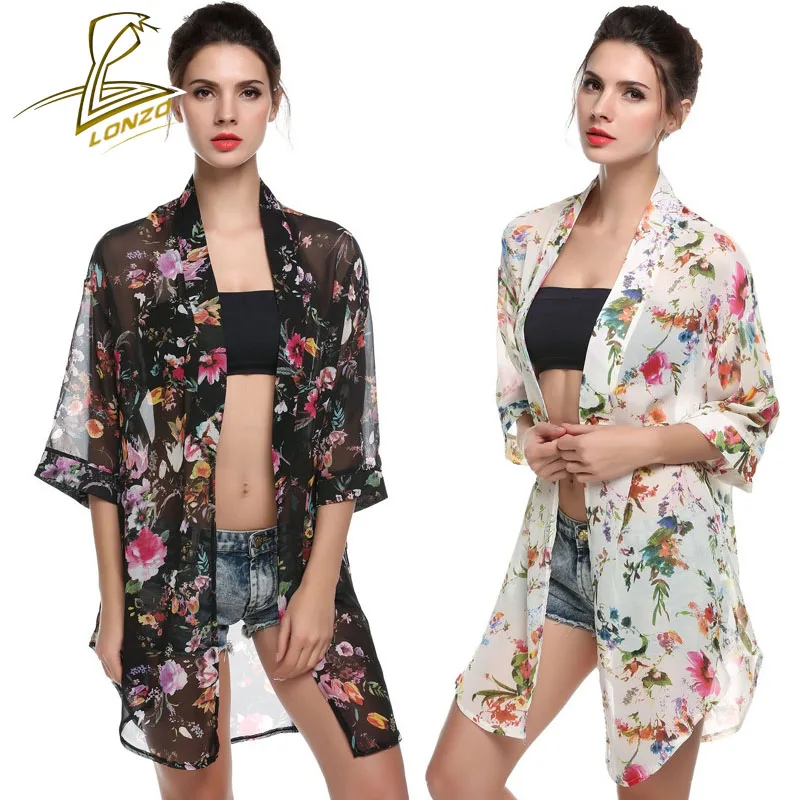LONZO Женская мода цветочный шифон шаль Солнцезащитная рубашка сексуальный