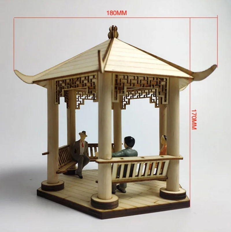 

17*17*16cm Wooden Ancient Building Pavilion Wooden Hexagonal Pavilion Sand Table Decoration Building Model