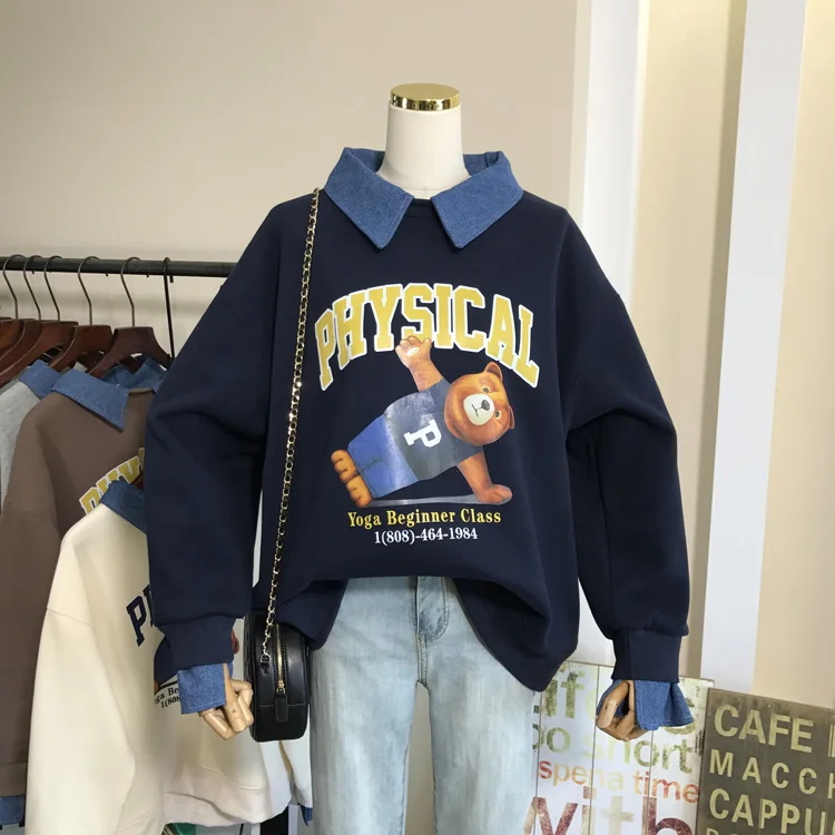 

Женская утепленная флисовая толстовка с графическим принтом, модный теплый пуловер в стиле пэчворк с отложным воротником, уличный пуловер, ...