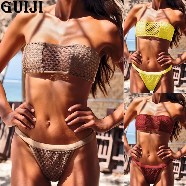 

【GUIJI】Ready Stock 2021 New Sexy Mesh Bikini Suit Swimsuit Tight-fitting Solid Color Tube Top Strap Swimsuit Women Swimwear