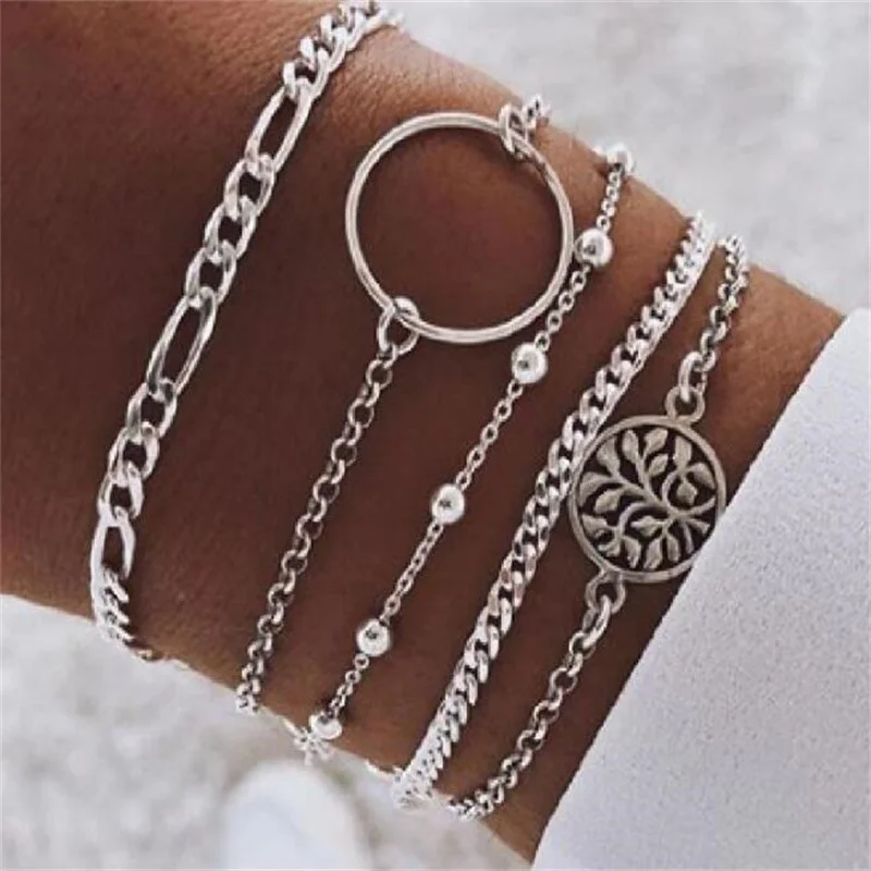 

5Pcs Multilayer Hollow Tree Circle Bracelets Fashion Bead Thick Chain Metal Bracelets Set For Women Bohemia Jewelry Accessories