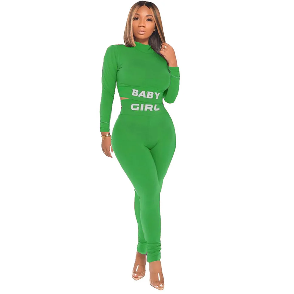 

Baby Girl Letter Print 2 Piece Set for Women Clothes Long Sleeve Skinny Crop Top and High Waist Bodycon Pant Sporty Matching Set