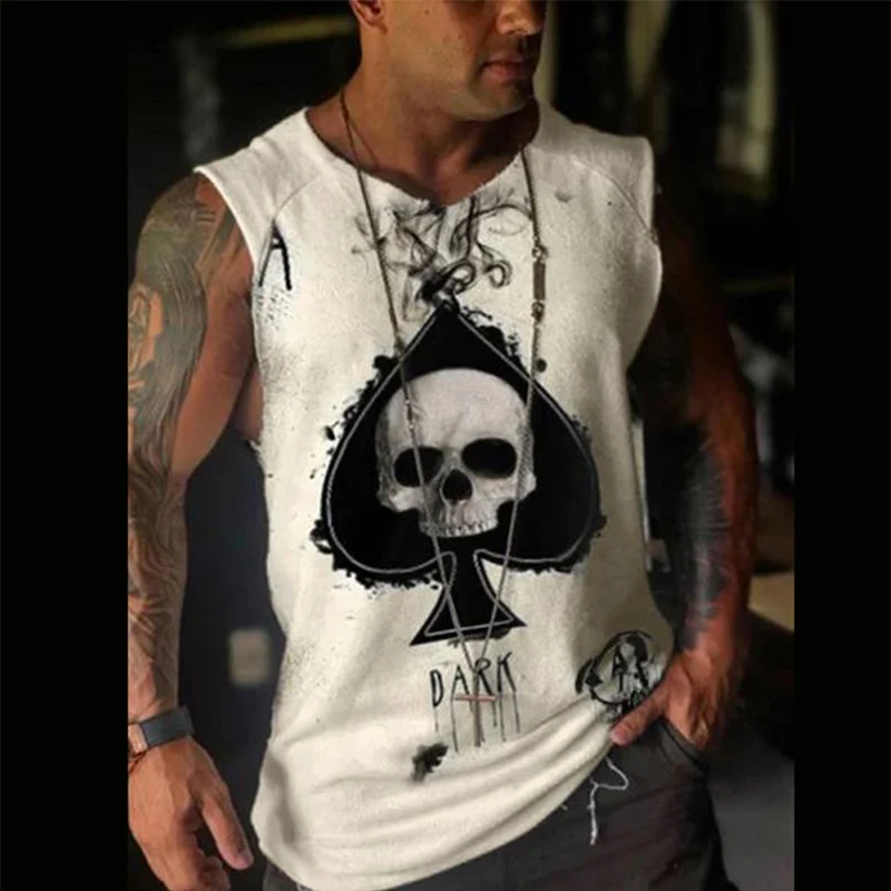

Fashion Poker Skull Printed Men's Tank Tops Casual Loose Sleeveless Vest For Men Summer O-Neck Tops Hipster Streetwear 2021 New