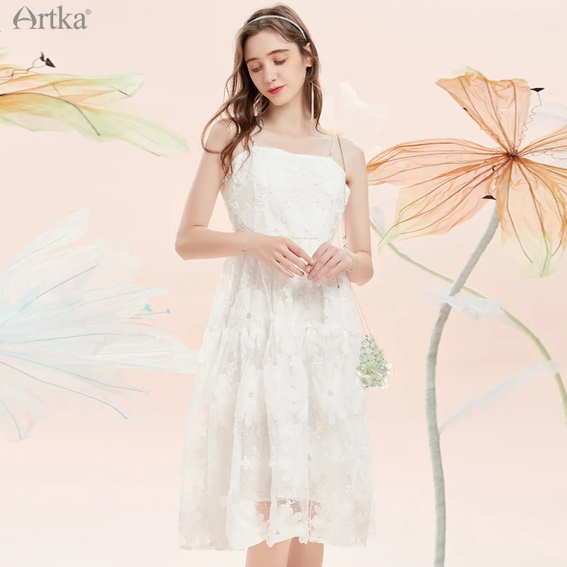 

ARTKA 2021 Summer New Women Dress Elegant Jacquard Gauze Sleeveless Dresses Pearl Spaghetti Strap White Midi Dress LA29016X