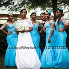 2021 Небесно голубая Русалка платье подружки невесты Платья Длинные с кружевом, с короткими рукавами, со стразами на свадьбу в африканском стиле; Свадебная вечеринка, платье подружки невесты, бальное платье