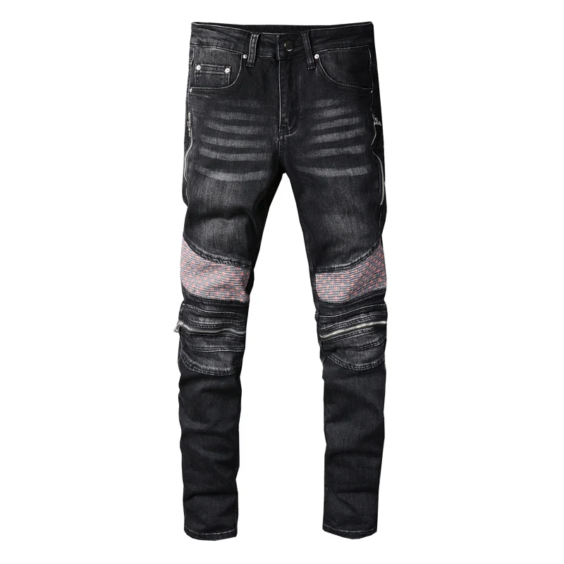 Fashion Streetwear Men Jeans High Quality Retro Black Gray Elastic Slim Fit Spliced Designer Biker Jeans Men Hip Hop Punk Pants
