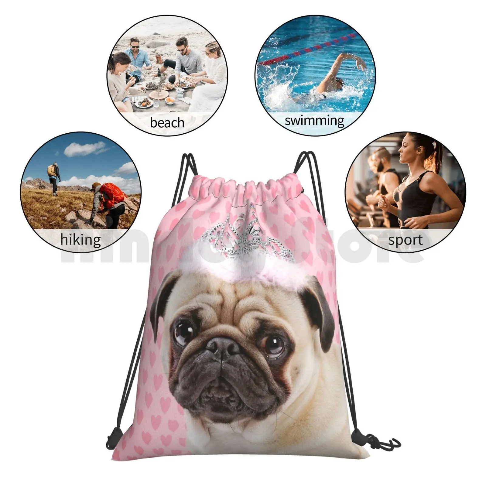 

Pug Dog Wearing A Tiara With A Heart Background Backpack Drawstring Bag Riding Climbing Gym Bag Animal Animals Dog Dogs Pet