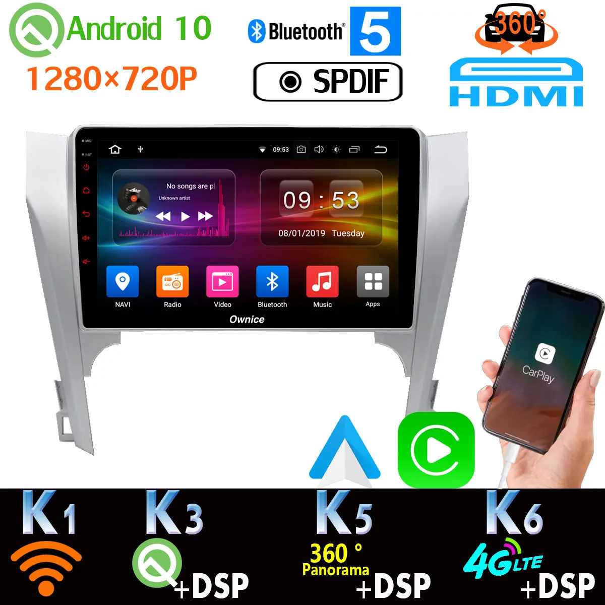 Android 10 1280*720P PX6 автомобильный проигрыватель с радио и GPS 1 &quotдля Toyota Camry v50 4G LTE WiFi 360 4