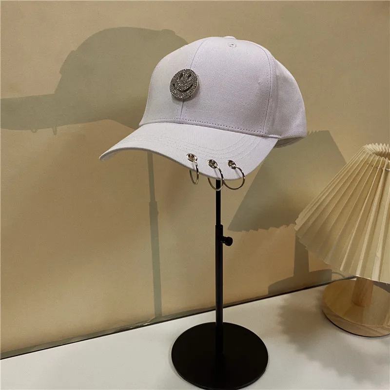 

202201-2508405 spring autumn Metal industry style smile face rhinestone ring baseball hat men women leisure visors cap
