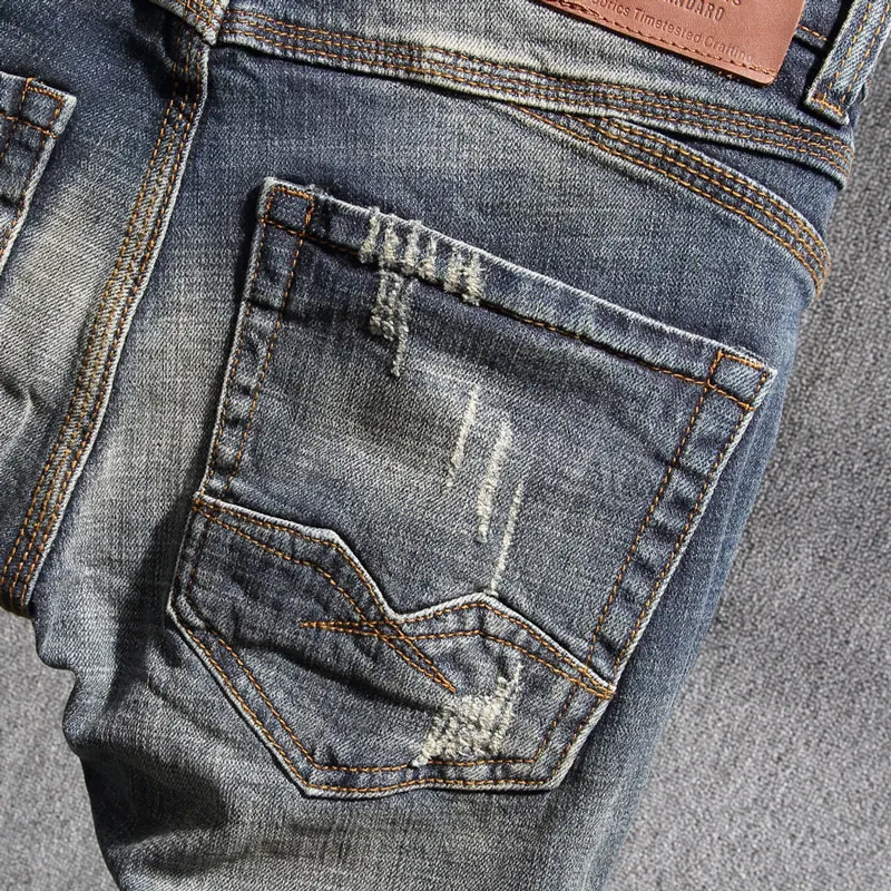 Italian Style Fashion Men Jeans Retro Blue Distressed Wash Elastic Slim Fit Ripped Jeans Men Vintage Designer Casual Denim Pants
