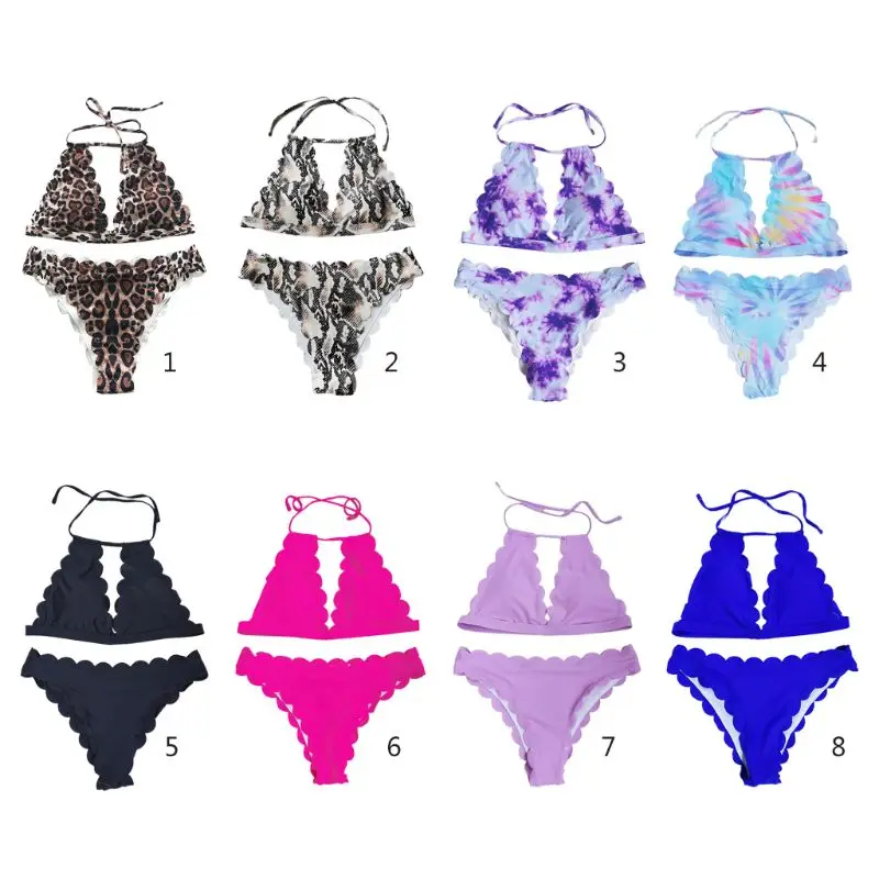 

2020 Women Sexy 2 Piece Bikini Set Leoprd Snakeskin Tie-Dye Swimsuit Halter Strappy Hollow Out Wave Scalloped Trim Bathing Suit