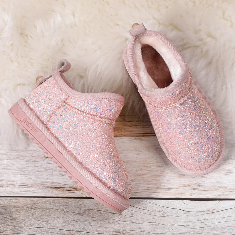 Детские снежные сапоги с блестками для девочек детская обувь низким голенищем