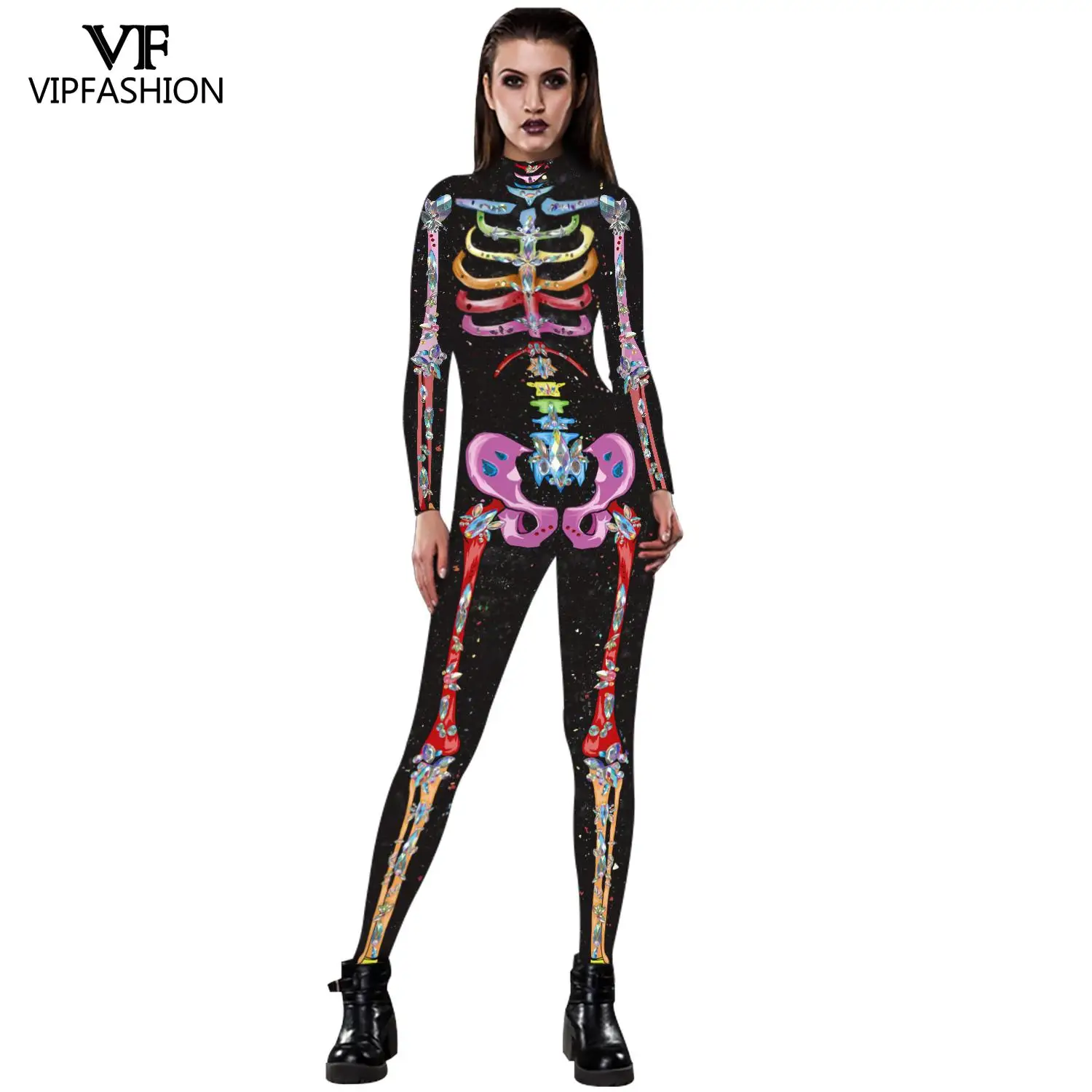 VIP модные COS женские пикантные розовые с принтом скелета Комбинезоны длинным