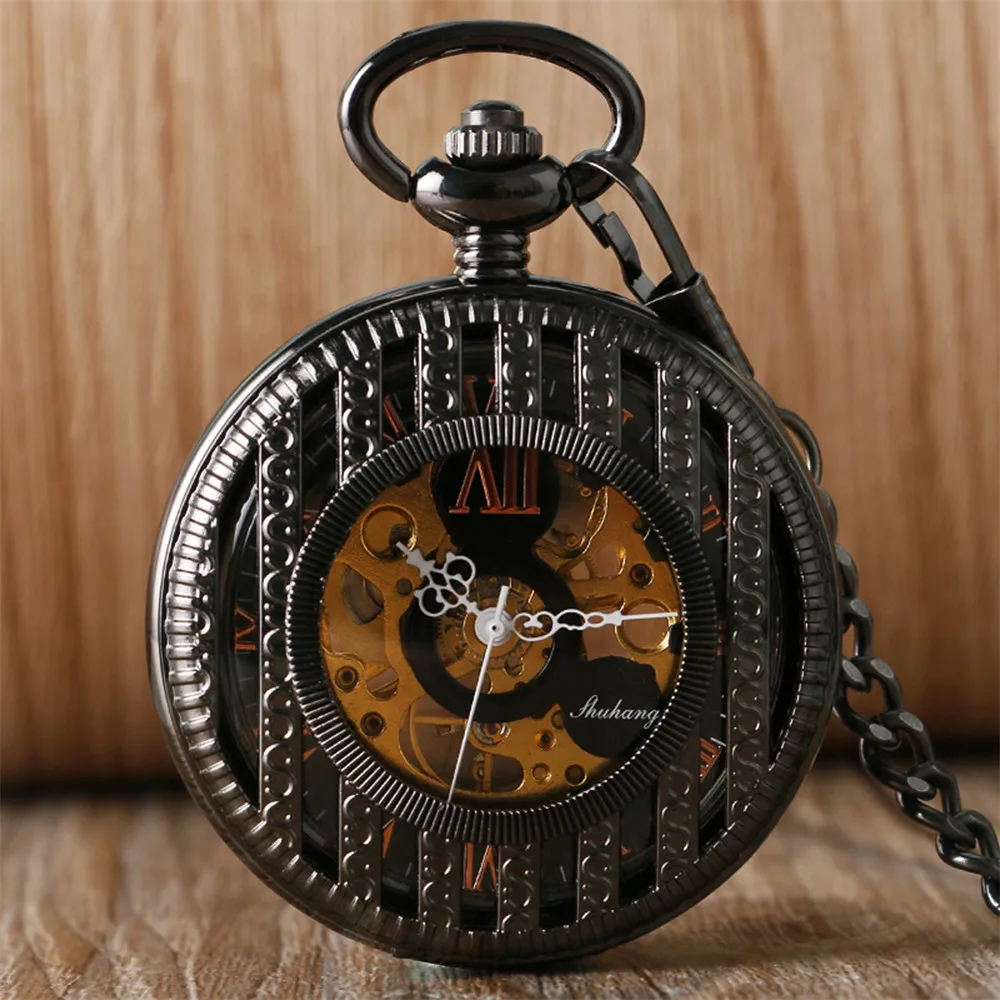 Silver/Black/Rose Gold Stripes Skeleton Manual Mechanical Pocket Watch Hand-Winding Antique Pendant Clock Vintage Gifts Male