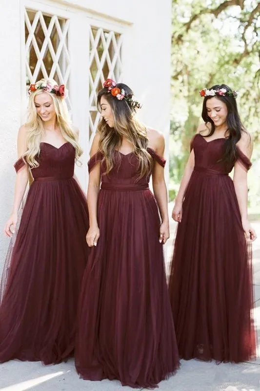 

2021 Burgundy Pleats Off Shoulder Bridesmaid Dress A-line Tulle Sweetheart Long Wedding Party Guest Maid Of Honor Gowns Formal