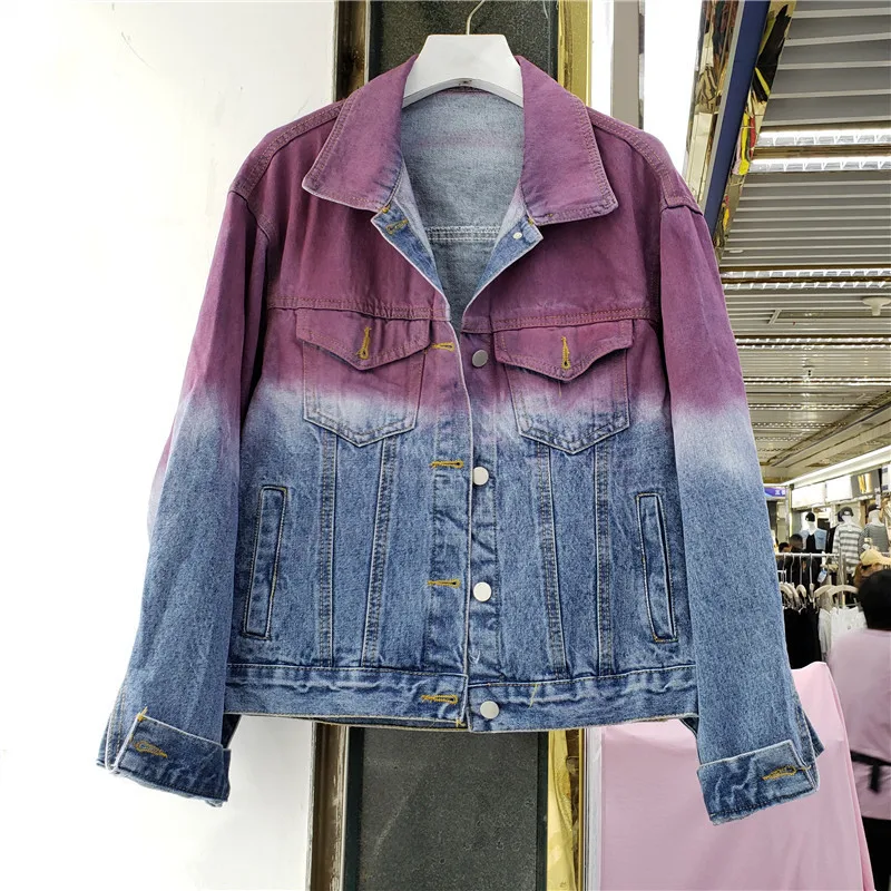 

Harajuku Gradient Denim Jacket Female Spring Autumn Korean Short Single-breasted Long-sleeve Loose Jeans Jacket Jaqueta Feminina