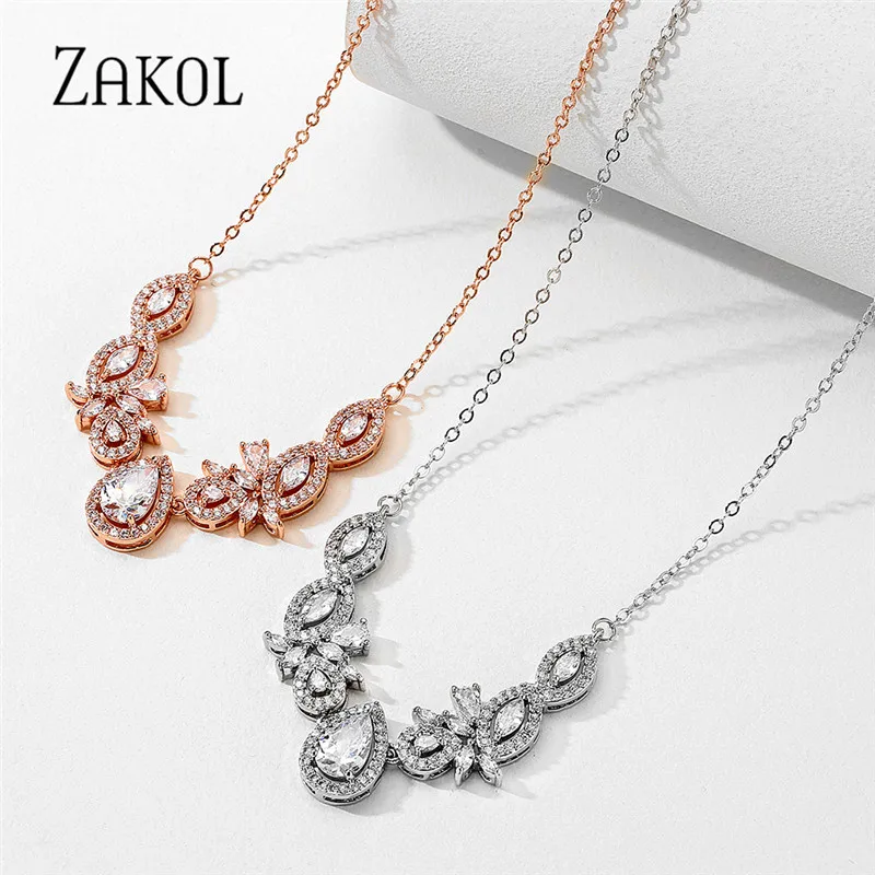 ZAKOL роскошные изысканные капли воды кубический циркон лист цепи колье для женщин