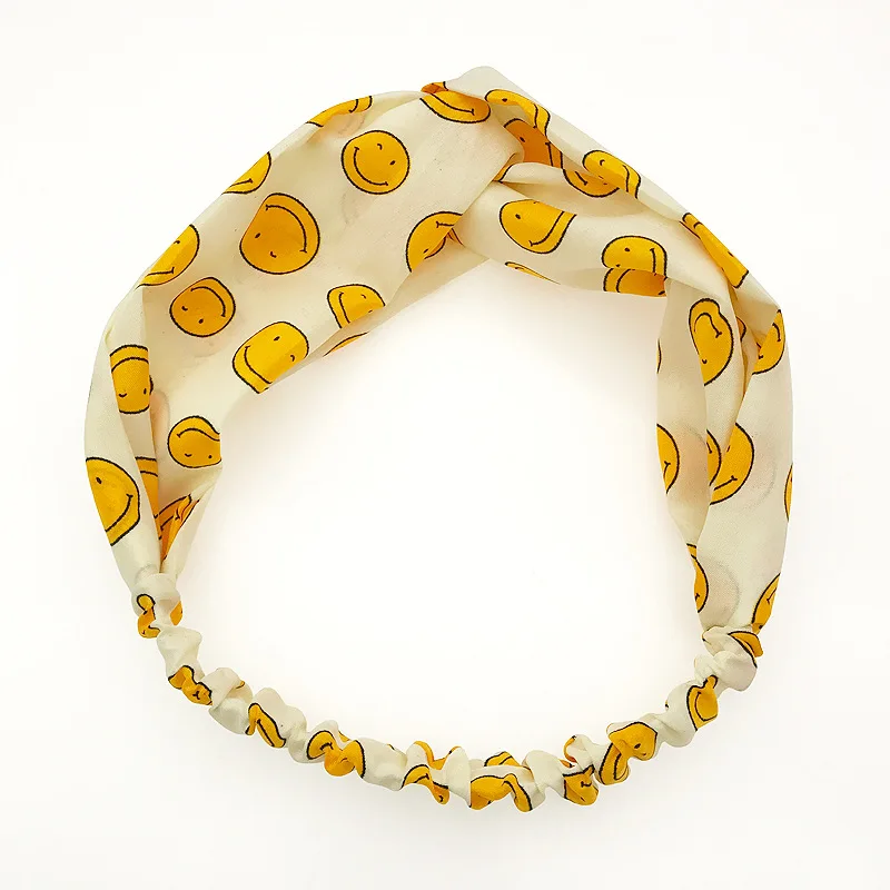 

Women Cute Childlike Smiley Face Headband Vintage Cross Knot Elastic Hair Bands Soft Solid Girls Hairband Hair Accessories