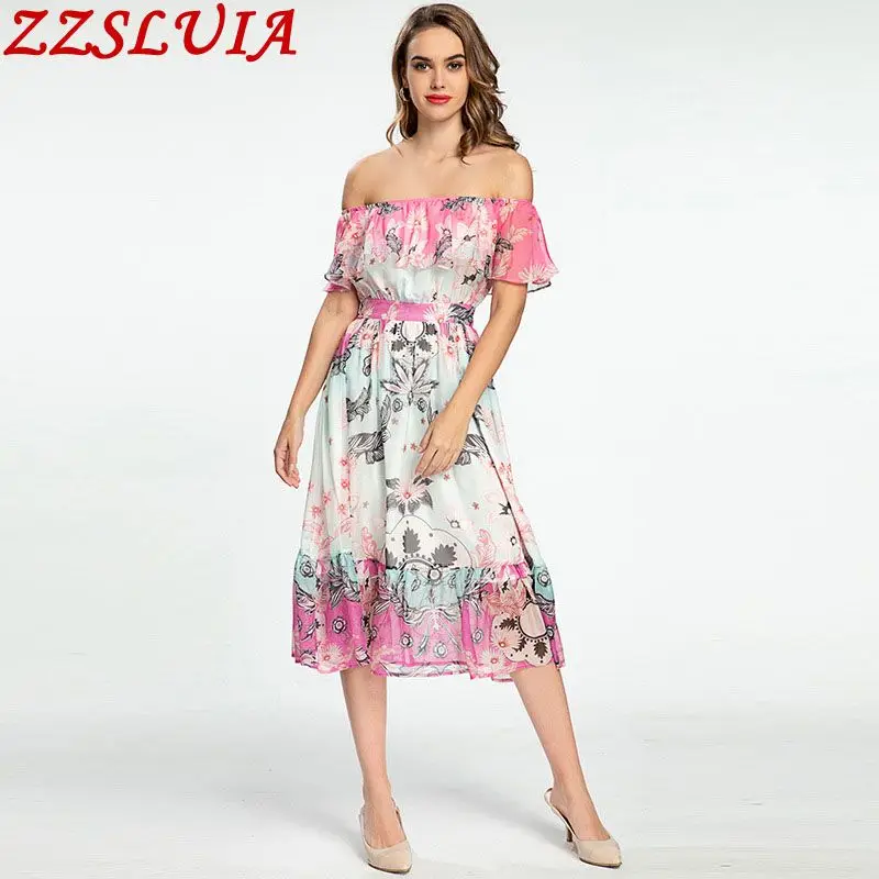 

Sweet Midi Dresses Slash Collar Off The Shoulder Printed Ruffles Design Slim Dress For Party Fashion One Piece Ladies Female