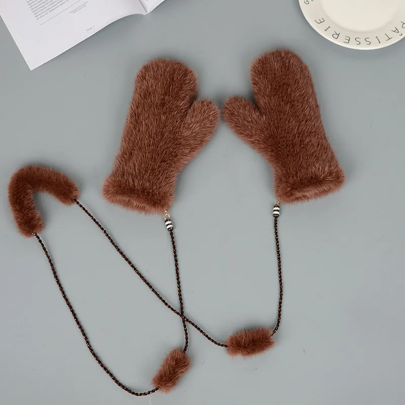 Mink Fur Orange Gloves Women Winter New Korean Version Of The Warm Cute Female Suede Weaving Fingers Fur Gloves
