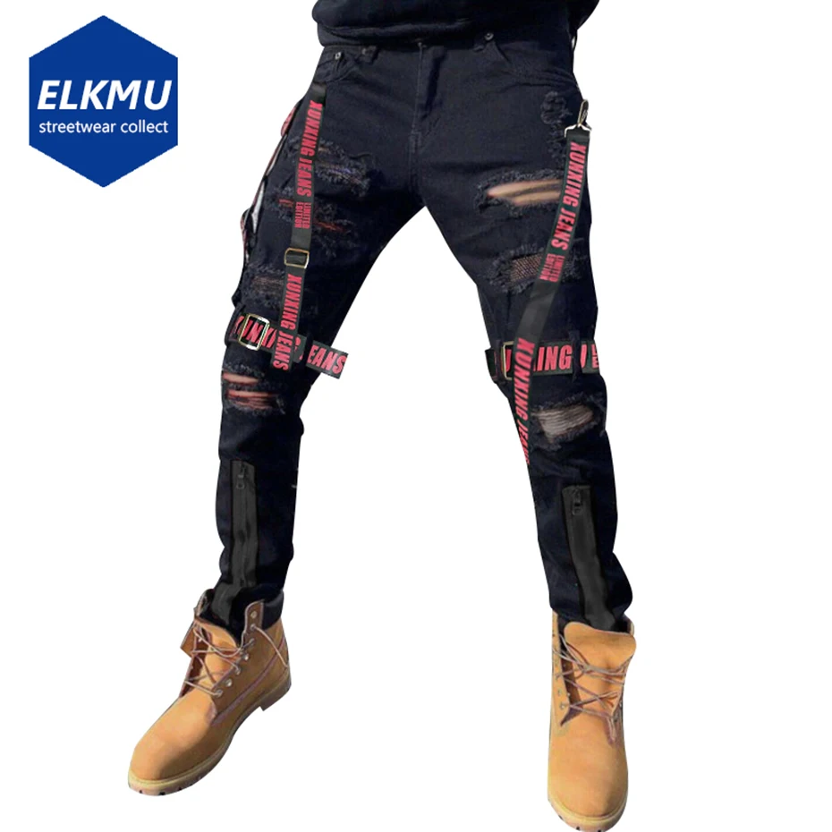 

Модные узкие джинсы с лентами, потертые рваные джинсовые брюки с дырками, Мужская Уличная одежда, джинсовые брюки в стиле хип-хоп