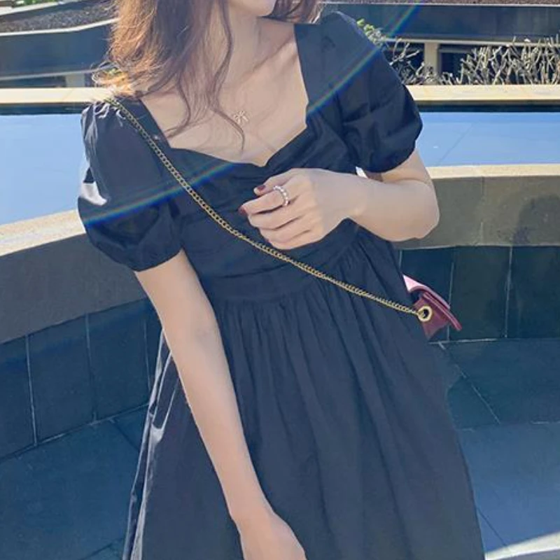 

Summer Hepburn Style Black Dress 2021 New A-Line Square Collar One Piece Dress Korean Sexy Dresses Party Night Club Knee-Length