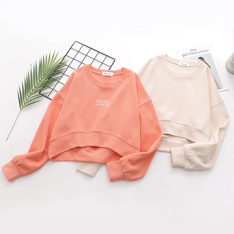 

2020 Sweet Sweatshirt Lovely Girls Print Letters CUTE Solid Japan Style Bottom Tops Fall Short Hoodie Women