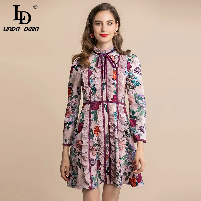 Женское Короткое платье LD LINDA DELLA подиумное винтажное с длинным рукавом цветочным