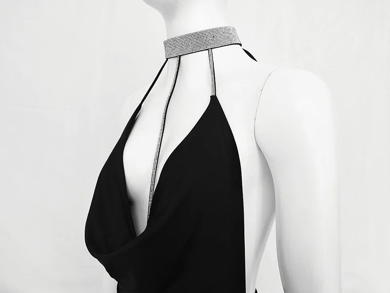 

New Women Sexy Halter V Neck Night Club Dress Female Solid Sleeveless Side Slip Diamonds Chic Dress Ladies Clubwear Party