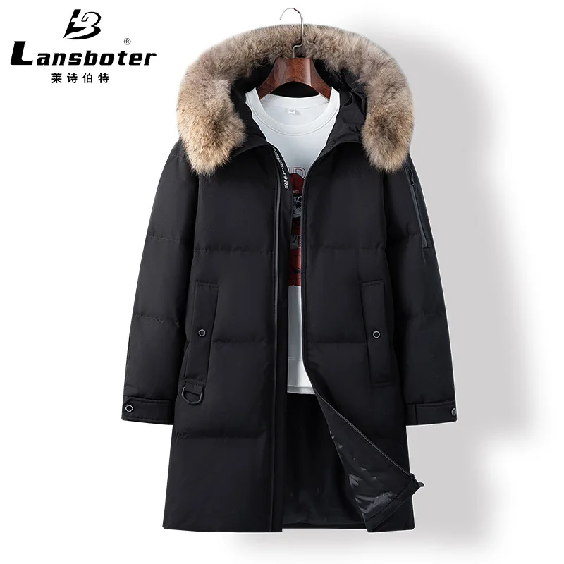 Новый пуховик белая куртка из гусиного пуха мужской средней длины с меховым