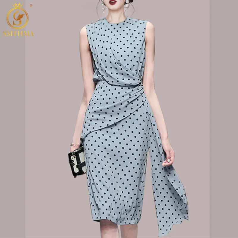 

SMTHMA 2021 Новое поступление модное летнее платье без рукавов в Корейском стиле женское асимметричное платье в горошек Vestidos