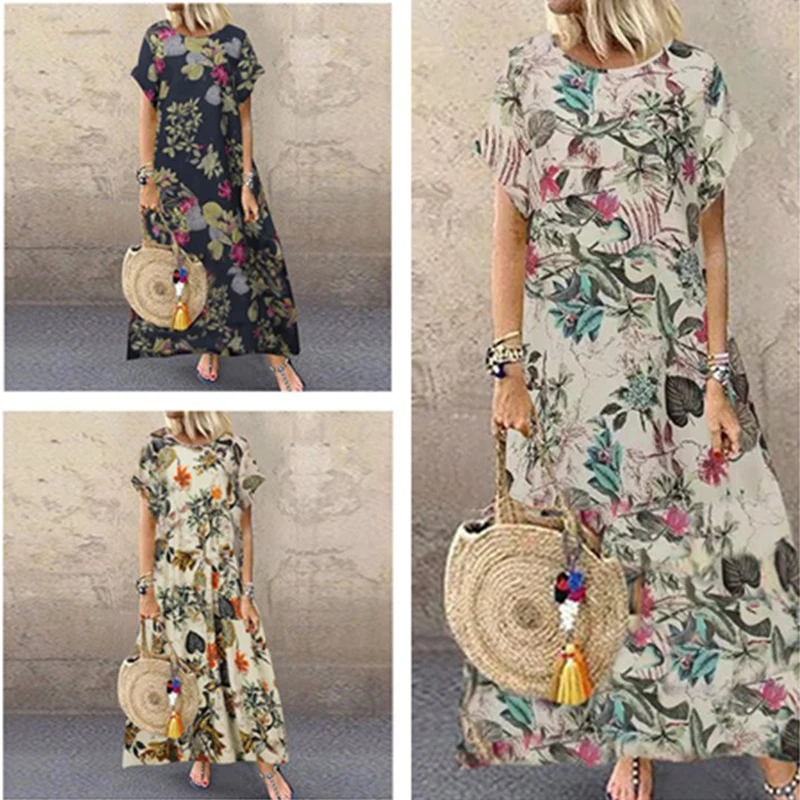 

Women Casual Round Neck Loose A-Line Dress 2021 Summer New Vintage Floral Print Party Dress Female Elegant Short Sleeve Vestidos