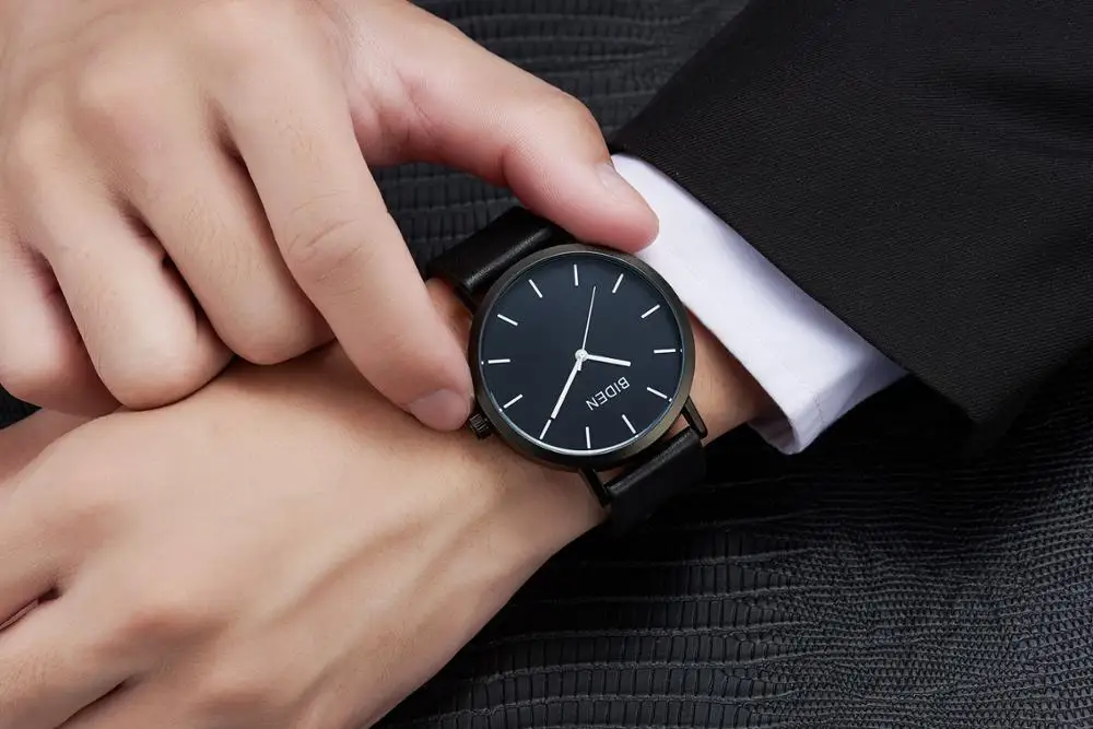 

BIDEN Mens Watch Business Quartz Wristwatch Black Genuine Leather Strap Waterproof New Arrival Top Brand Fashion Erkek Kol Saati