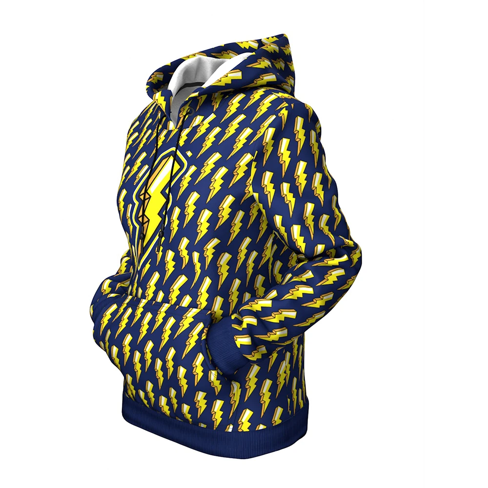 

high quality 3d print tech Bolt Lightning Storm Power Superhero Energy Cartoon Navy Kidcore hoodie with cup and center pocket cr